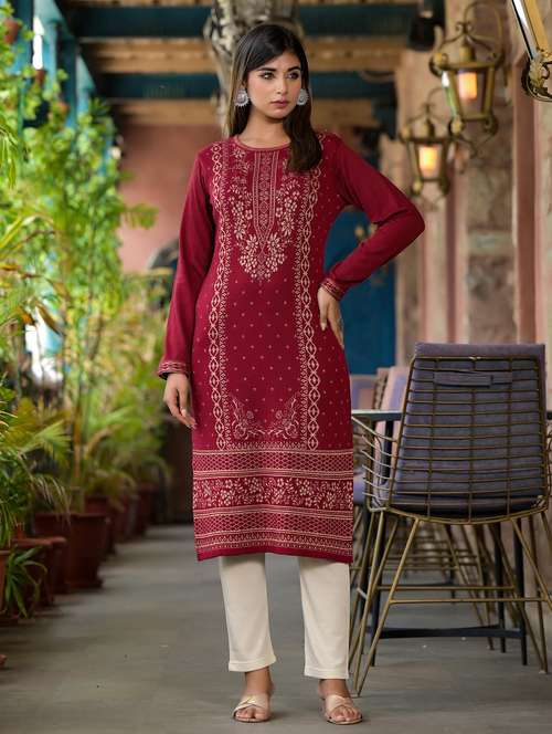 women self design long sleeves straight kurta - 21606796 - Very Small Image - 1