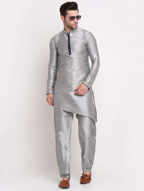 men solid asymmetri kurta with trousers ethnic wear set - 21621530 - Very Small Image - 1