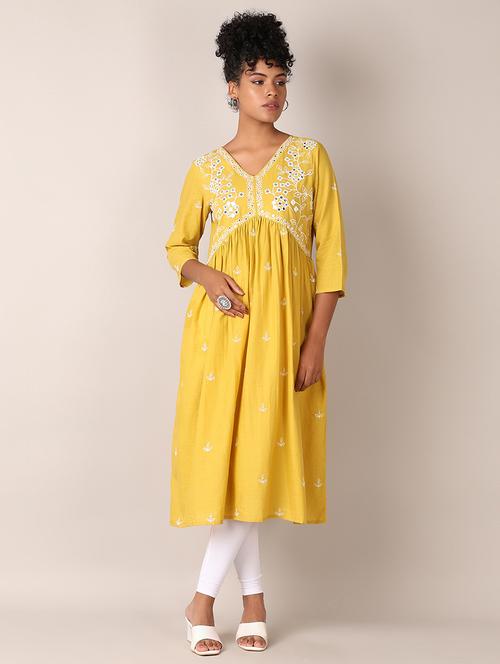 women yellow embroidered v neck flared kurta - 21627489 - Very Small Image - 1