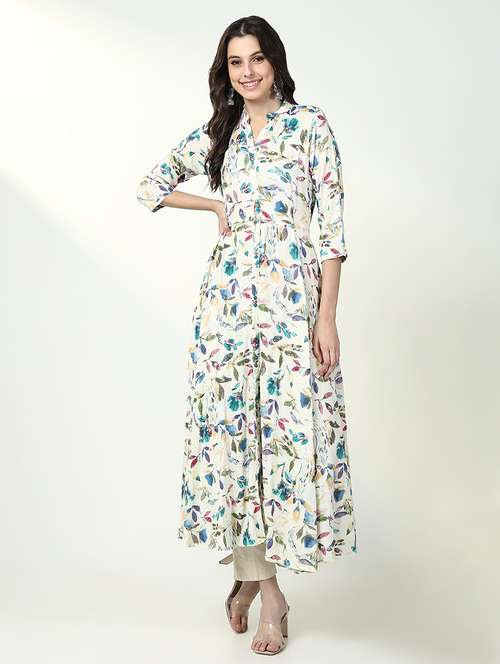 women off white floral printed a-line kurta - 21632752 - Very Small Image - 1