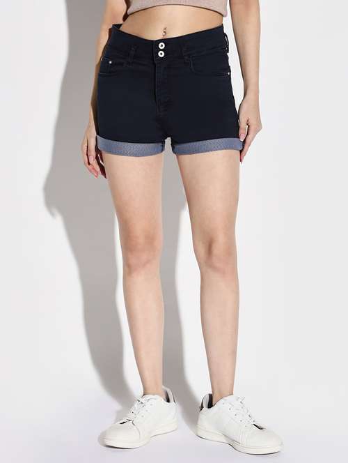 women solid high rise denim shorts - 21632771 - Very Small Image - 1