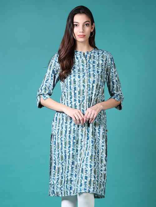 women blue printed mandarin neck straight kurta - 21632849 - Very Small Image - 1
