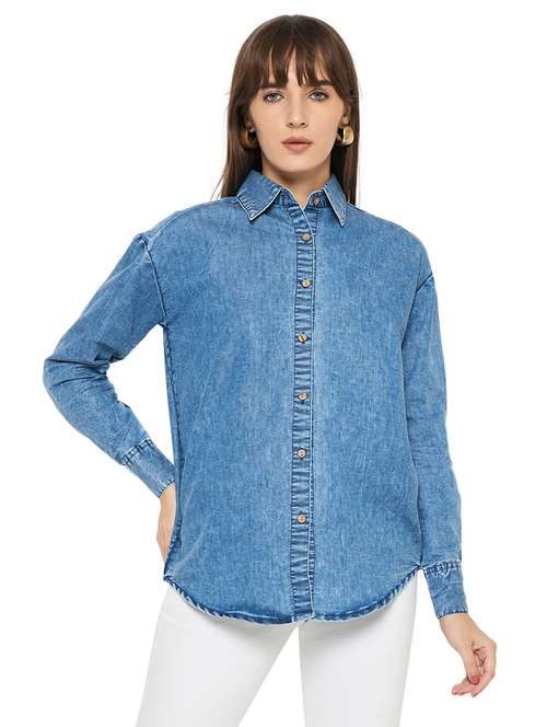 women solid long sleeve denim shirt - 21633527 - Very Small Image - 1