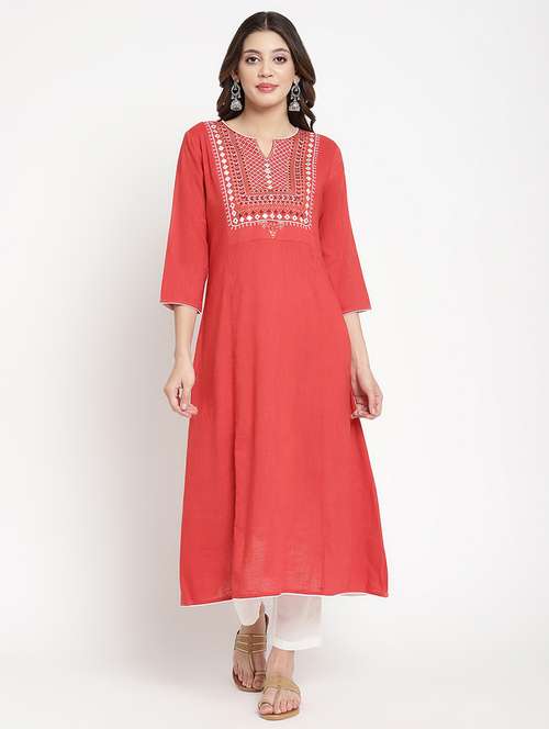 women red embroidered three quarter sleeve a-line kurta - 21642025 - Very Small Image - 1