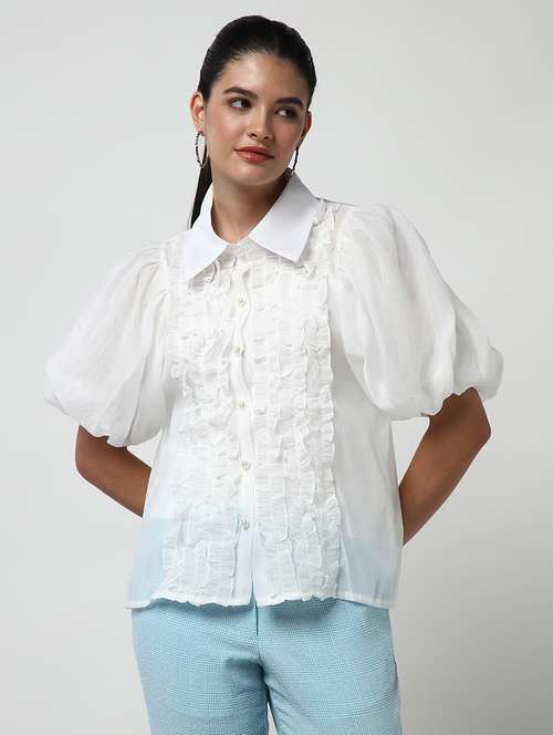 women solid collared puff sleeves shirt - 21643308 - Very Small Image - 1