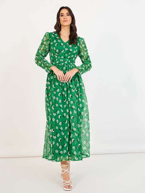 women green florals long sleeve fit & flare dress - 21643772 - Very Small Image - 1
