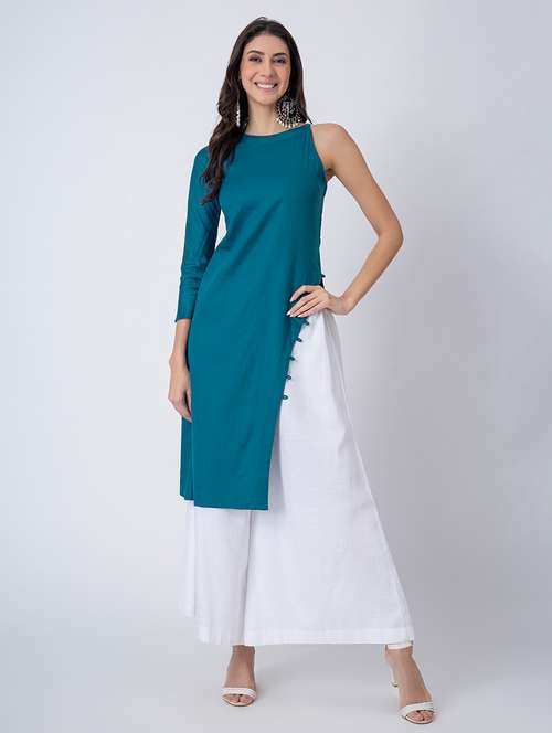 women solid boat neck front slit kurta - 21645820 - Very Small Image - 1