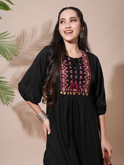 globus women black embroidered yoke tie-up detailing bishop sleeves gathered a-line mini workwear dress - 21660761 - Very Small Image - 1