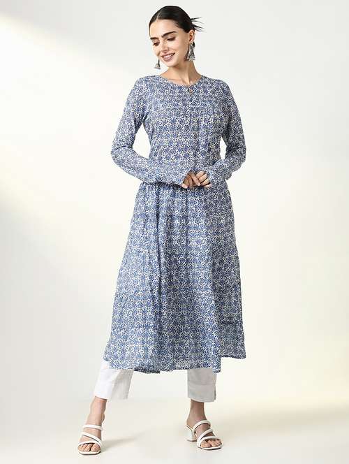 women blue floral long sleeve anarkali kurta - 21661540 - Very Small Image - 1