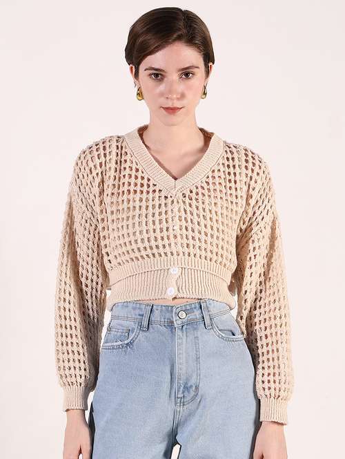 women crochet detailed long sleeves crop top - 21661748 - Very Small Image - 1