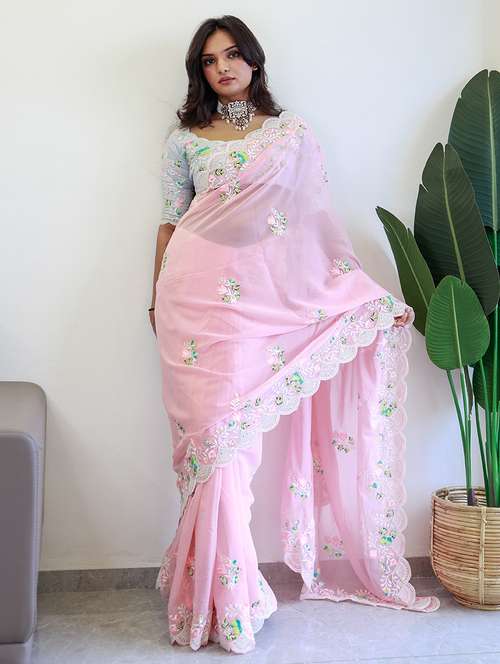 women pink embroidered saree with blouse - 21663928 - Very Small Image - 1