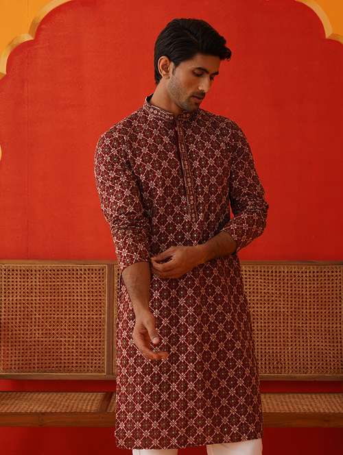 men mandarin neck embroidered long kurta - 21667126 - Very Small Image - 1