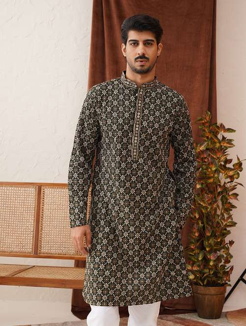 men mandarin neck embroidered long kurta - 21667129 - Very Small Image - 1