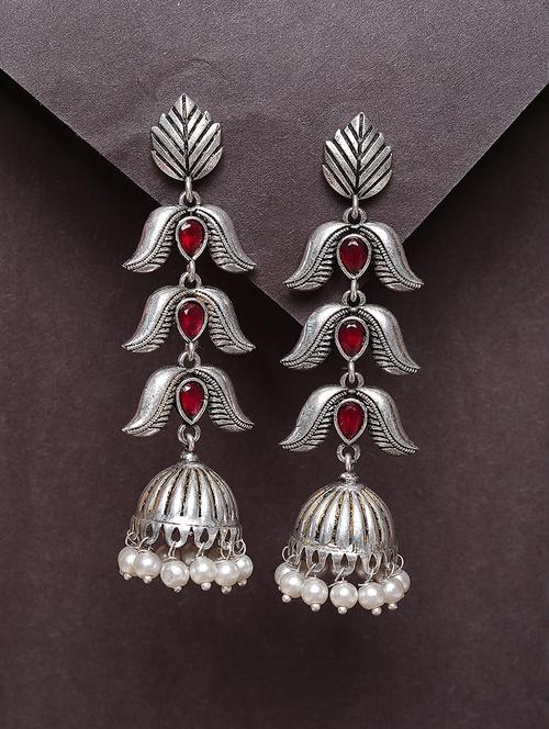 women red studded silver plated oxidized jhumka earrings - 21667937 - Very Small Image - 1