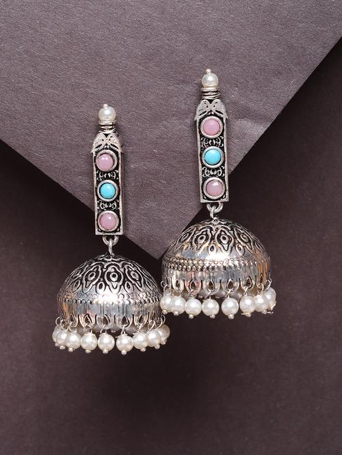 multi color studded silver plated oxidized jhumka earrings - 21667940 - Very Small Image - 1