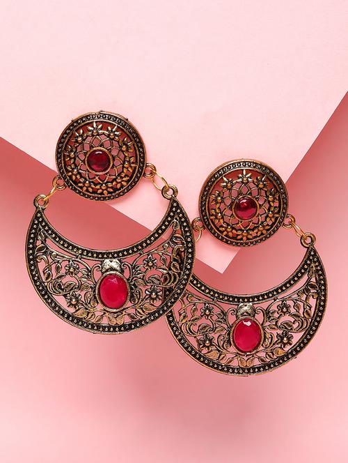 red studded silver plated oxidized chandbali earrings - 21667944 - Very Small Image - 1