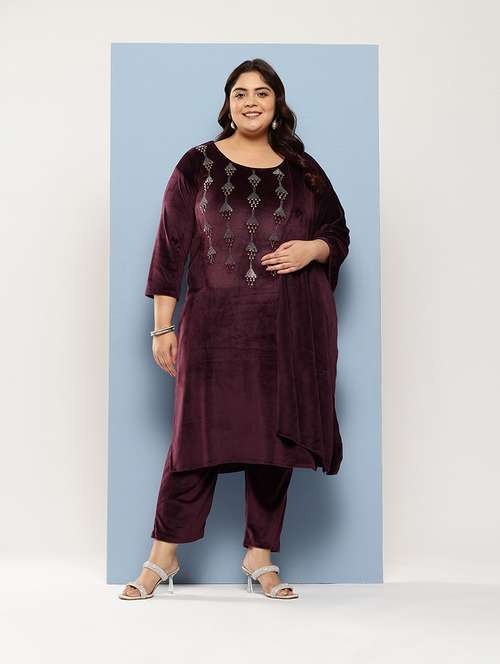 women plus size round neck kurta pant set with dupatta - 21673069 - Very Small Image - 1