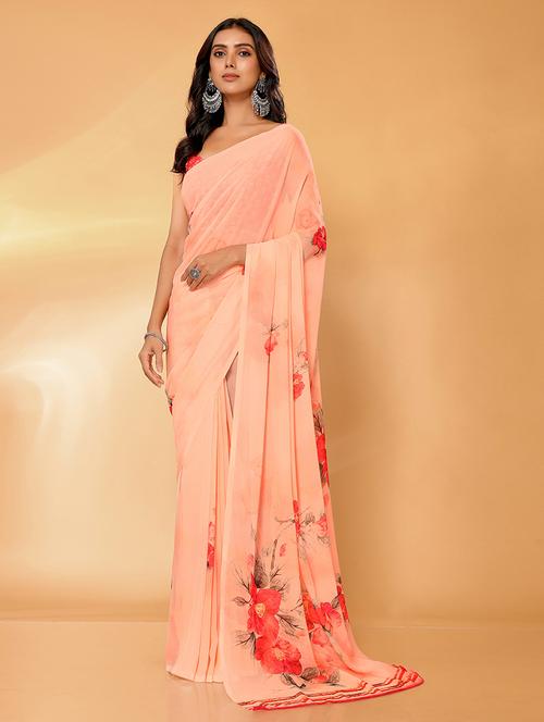 women peach printed saree with blouse - 21678845 - Very Small Image - 1