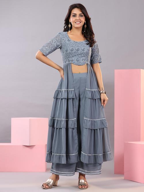 women grey embroidered round neck fusion set - 21679156 - Very Small Image - 1