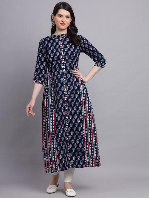 women navy blue printed three quarter sleeve a-line kurta - 21680171 - Very Small Image - 1