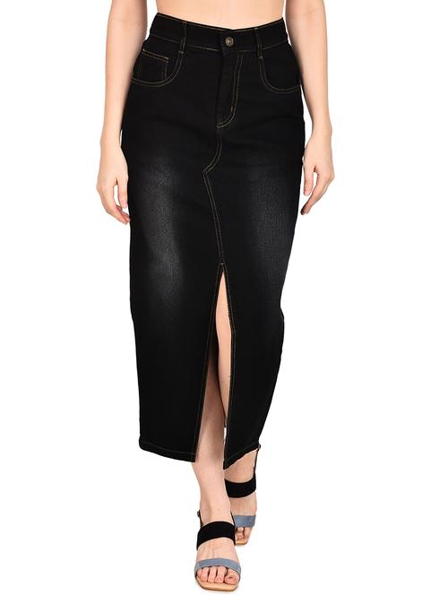 women black maxi length front slit denim skirt - 21683320 - Very Small Image - 1