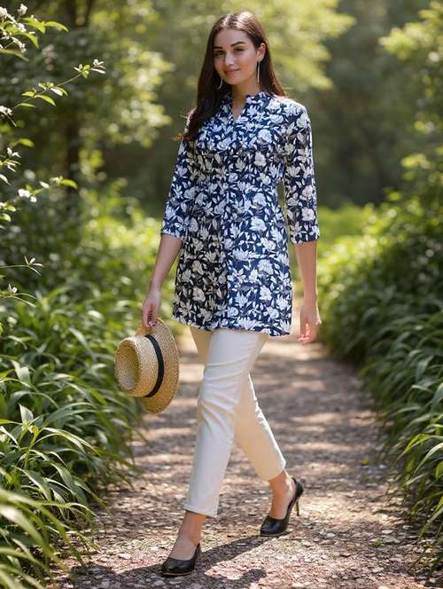 women floral printed mandarin neck tunic - 21692644 - Very Small Image - 1