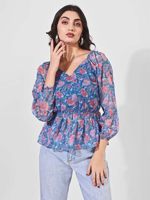 women floral printed puff sleeve peplum top - 21697977 - Very Small Image - 1