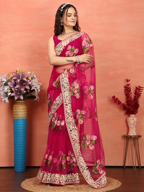 women pink embroidered saree with blouse - 21707340 - Very Small Image - 1