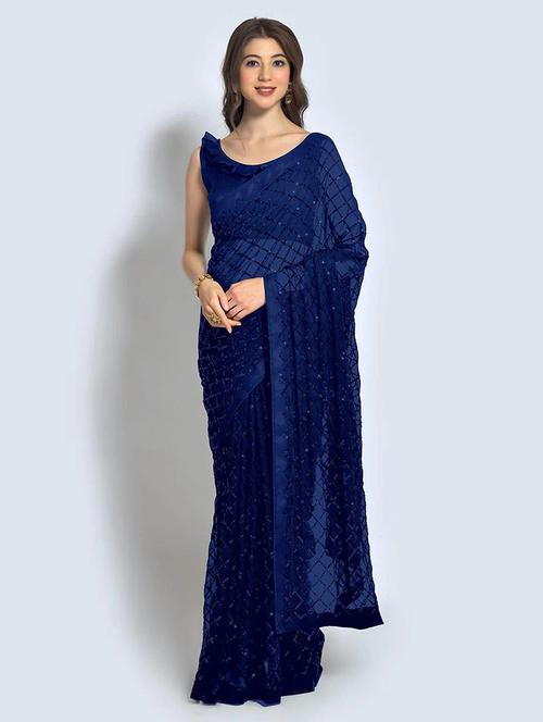 women blue sequin work saree with blouse - 21722303 - Very Small Image - 1
