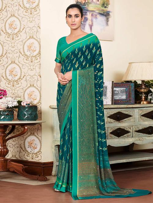 women green ikat printed saree with blouse - 21722638 - Very Small Image - 1