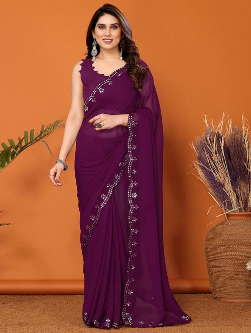 women purple bordered saree with blouse - 21723661 - Very Small Image - 1