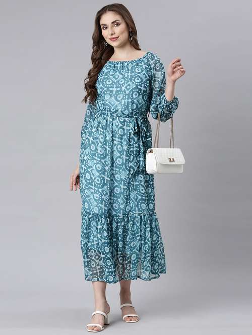 women blue three quarter sleeve tiered dress - 21729718 - Very Small Image - 1