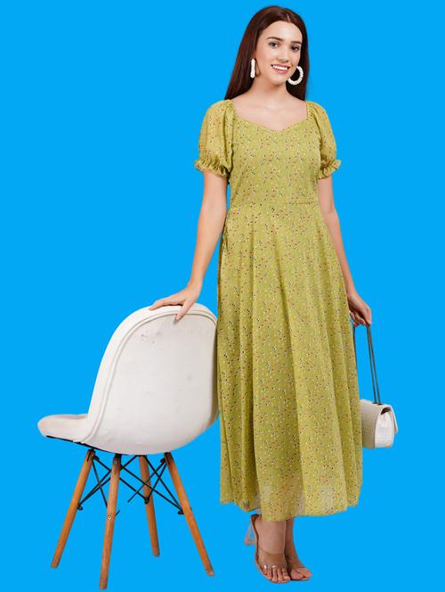 women printed puff sleeves fit & flare dress - 21731041 - Very Small Image - 1