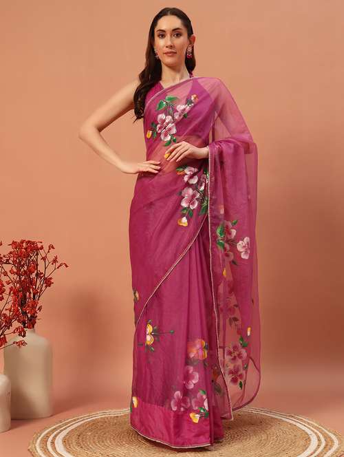 women pink floral printed saree with blouse - 21732880 - Very Small Image - 1