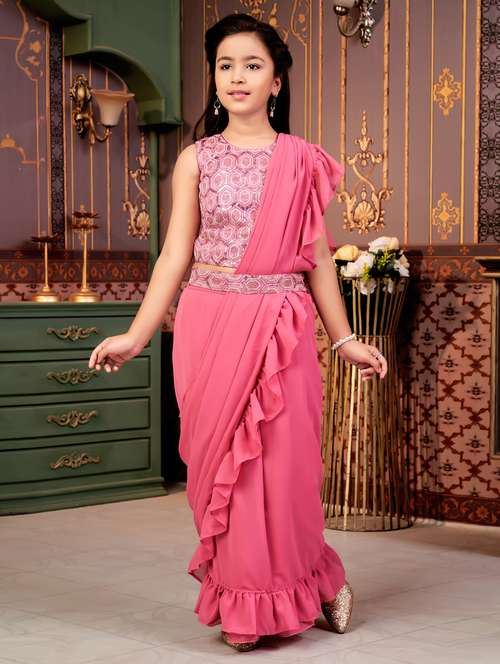 girls solid ready wear saree with embellished blouse - 21786552 - Very Small Image - 1