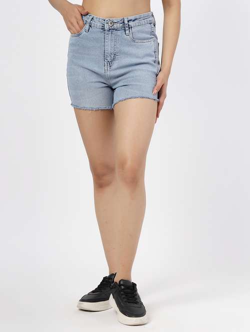 women solid high rise denim shorts - 21794573 - Very Small Image - 1
