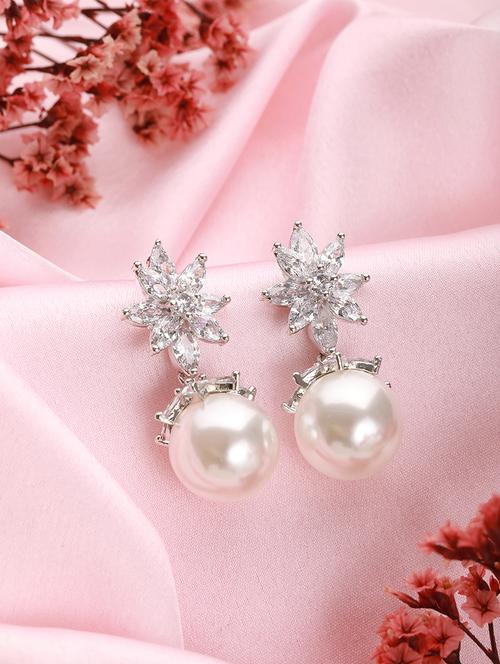 silver plated zercon studded minimal delicate floral drop earringa - 21843772 - Very Small Image - 1