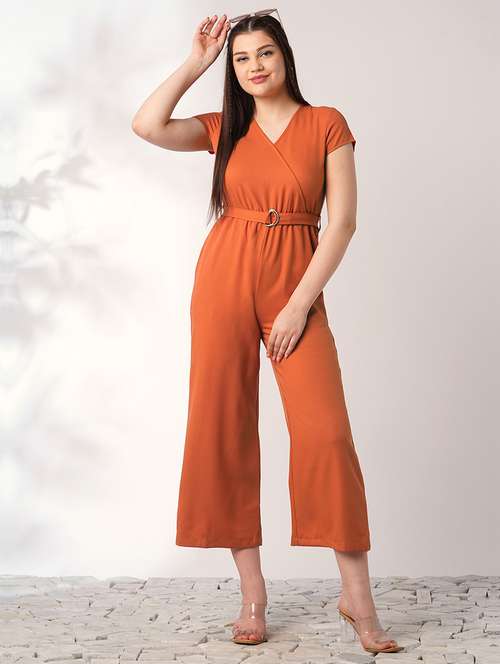globus women rust wrap v-neck short sleeves belted long jumpsuit - 21908494 - Very Small Image - 1