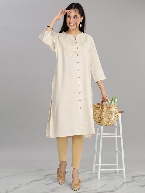 women beige three quarter sleeve a-line kurta - 21917821 - Very Small Image - 1