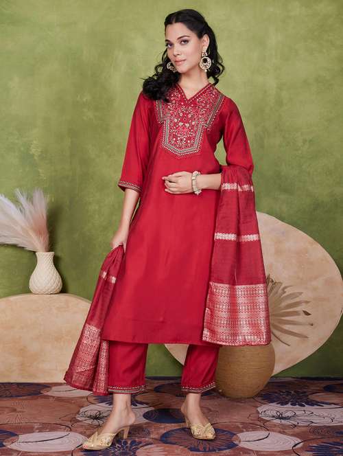 women three quarter sleeve kurta pant with dupatta set - 21925271 - Very Small Image - 1