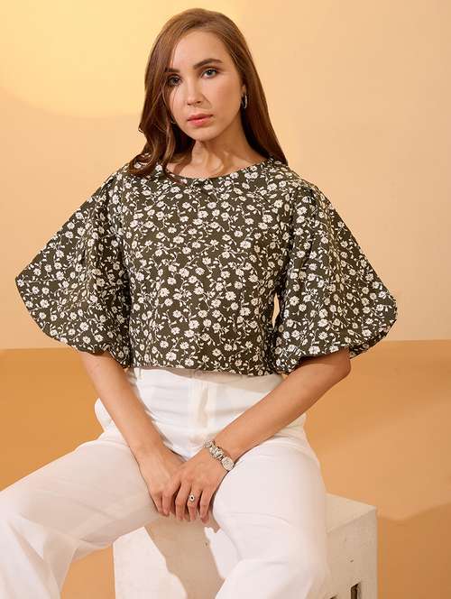 globus women green round neck puff sleeves floral print top - 21934675 - Very Small Image - 1