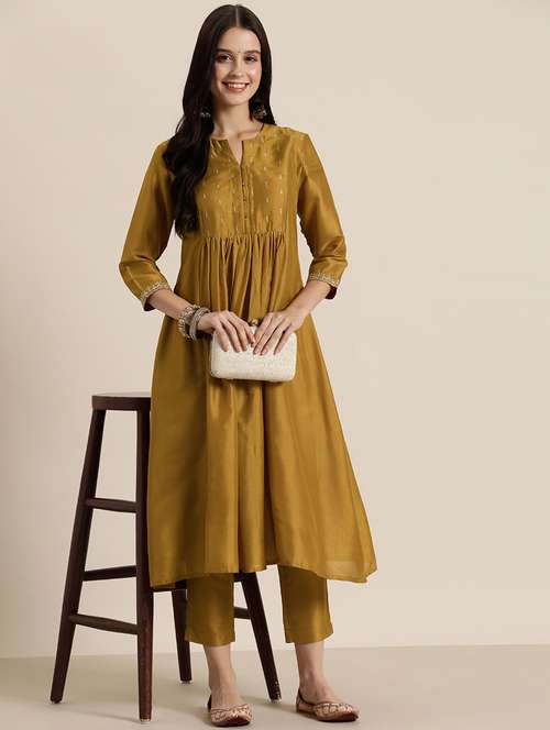 women mustard three quarter sleeve a-line kurta - 21939466 - Very Small Image - 1