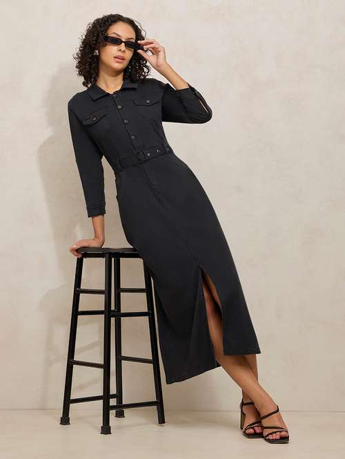 women black solid collared belted dress - 21941857 - Very Small Image - 1
