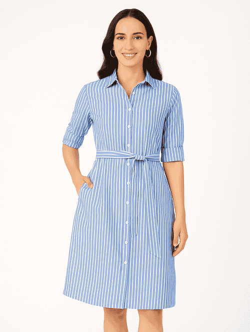 women striped collared short sleeve shirt dress - 21946604 - Very Small Image - 1