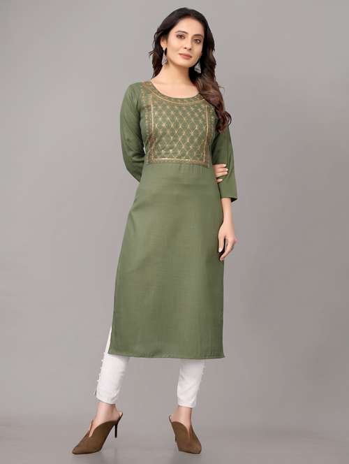 women solid with work three quarter sleeve straight kurta - 21954338 - Very Small Image - 1