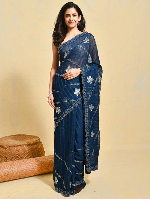 women striped embroidered saree with blouse - 21965550 - Very Small Image - 1