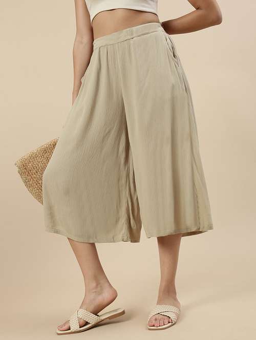 women beige solid high rise flared culotte - 21968818 - Very Small Image - 1