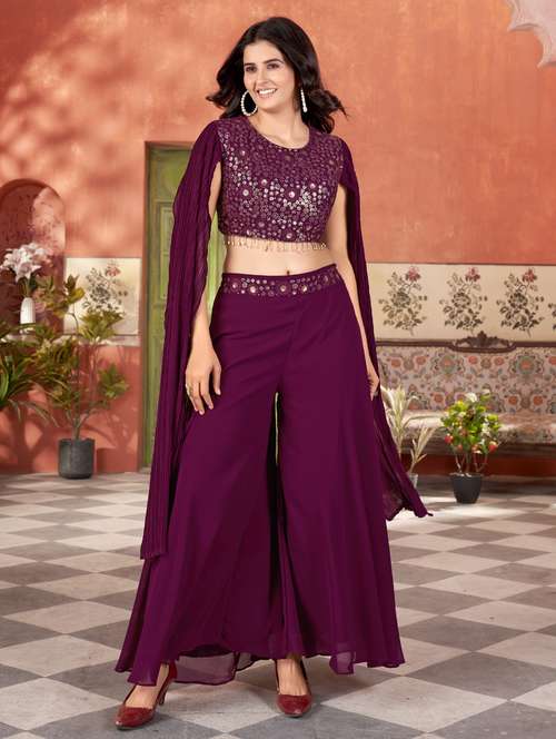 women solid with work round neck fusion set - 21975229 - Very Small Image - 1