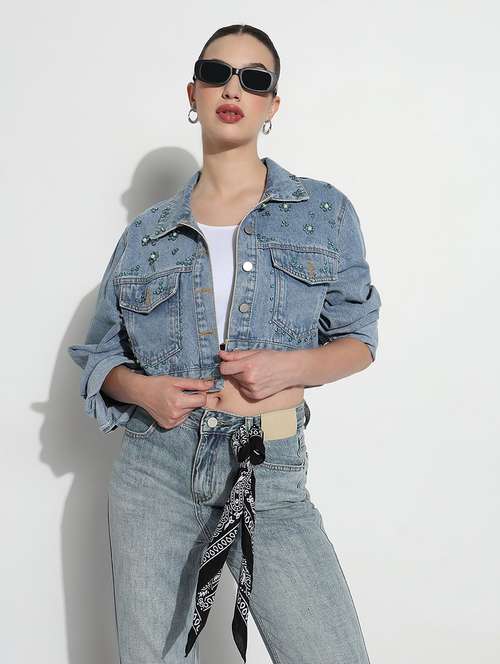 women embellished long sleeve crop denim jacket - 21979845 - Very Small Image - 1