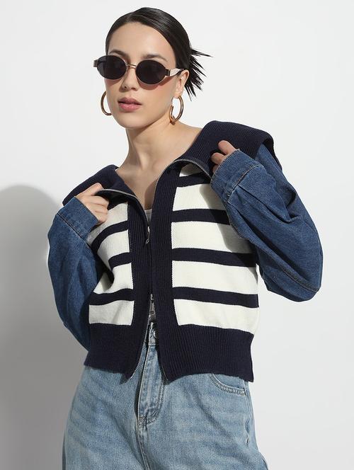 women striped long sleeve crop jacket - 21979857 - Very Small Image - 1